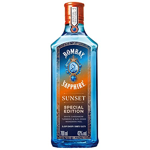 Bombay Sapphire Sunset Limited Edition Premium London Dry Gin, Ginebra infusionada al vapor con cardamomo blanco, cúrcuma y mandarinas secadas al sol, 43 % vol., 70 cl / 700 ml