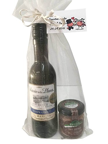 Regalo de vino Señorío de los Llanos Tempranillo con tarro miniatura de paté ibérico para invitados (Pack 24 ud)