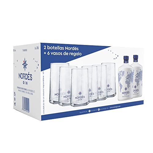Nordés Gin Premium - Pack de 2 botellas de 70 cl + 6 Vasos