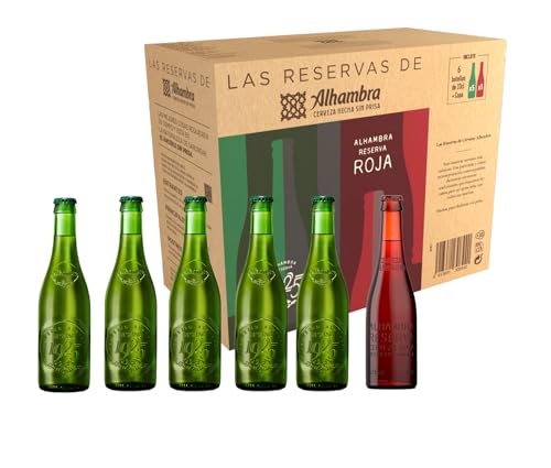 Alhambra Reserva Pack Cerveza, Estuche Regalo de 6 Botellas (5 x 33 cl de Alhambra 1925, 1 x 33 cl Alhambra Roja Bock Lager) + 1 Copa de Cristal