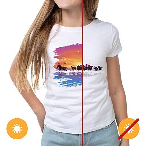 Del Sol Youth Girls Crew tee - Wild Horses, White T-Shirt - Changes from Purple to Vibrant Colors in The Sun - 100% Combed, Ring-Spun Cotton, Short Sleeve - Size YM