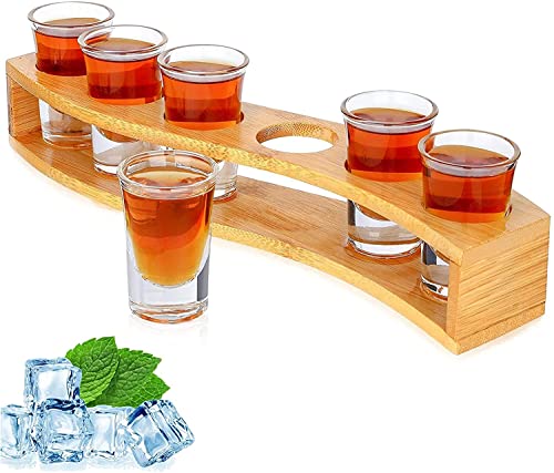Juego de vasos de chupito de 3 cl, soporte y vasos de chupito, tabla organizadora para servir bebidas, 6 agujeros con cristal transparente, 6 unidades, para chupitos de licor, Tequila whisky, brandy