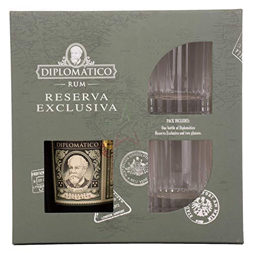 Diplomatico Rum Exclusiva Reserva Glass Gift Set, 70 cl ( 1 bottle and 2 glasses)