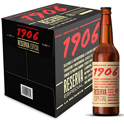 Cervezas 1906 Reserva Especial – Pack de 12 botellas de 50 cl – Bebida alcohólica 6,5% de volumen en alcohol – Cerveza en botella para una Inmensa Minoría, La Milnueve – Maltas tostadas