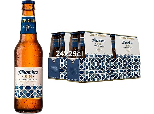 Alhambra Sin Alcohol Singular Cerveza Lager Dorada de Fermentación Baja, Tipo Plis, Sabor Intenso y Refrescante, Pack de 24 Botellines de 25 cl, 0,75 % Volumen de Alcohol